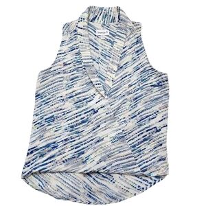 Veronica M Sleeveless Surplice V-Neck Printed Blouse Top XS Blue White